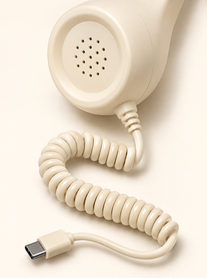 Close-up of the coiled cord and its USB-C plug