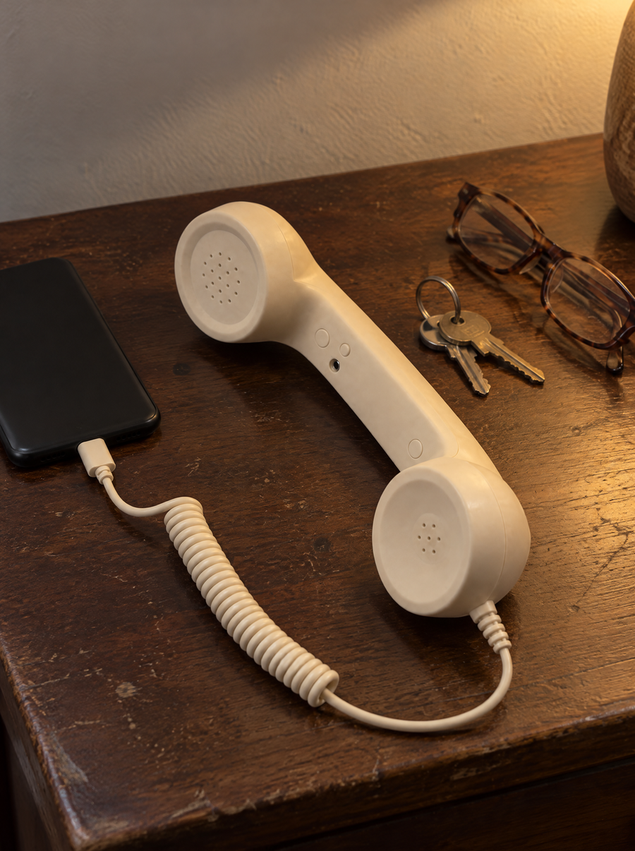 The handset on a hall table beside keys and glasses
