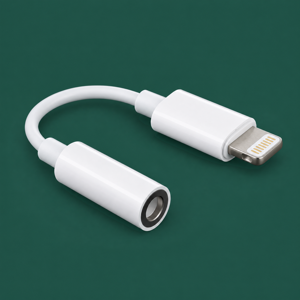 A white Lightning to 3.5 mm adapter on a deep green background