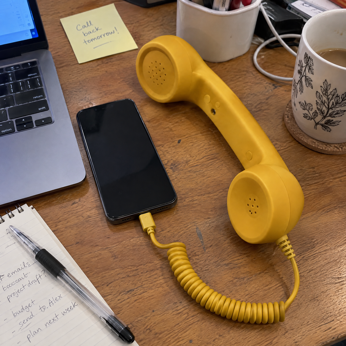 Customer photo of the yellow handset on a desk