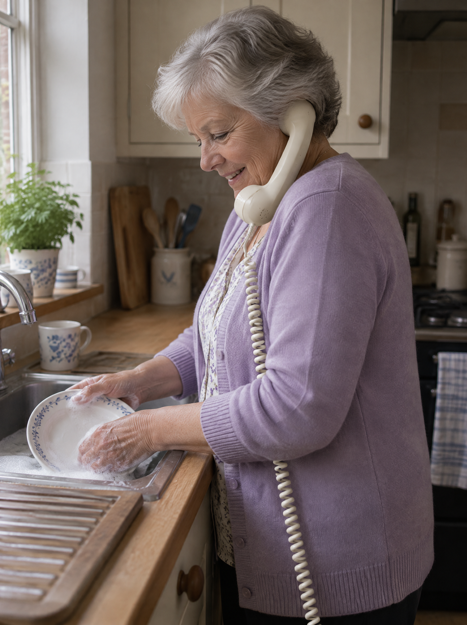 Woman washing up with the handset cradled on her shoulder