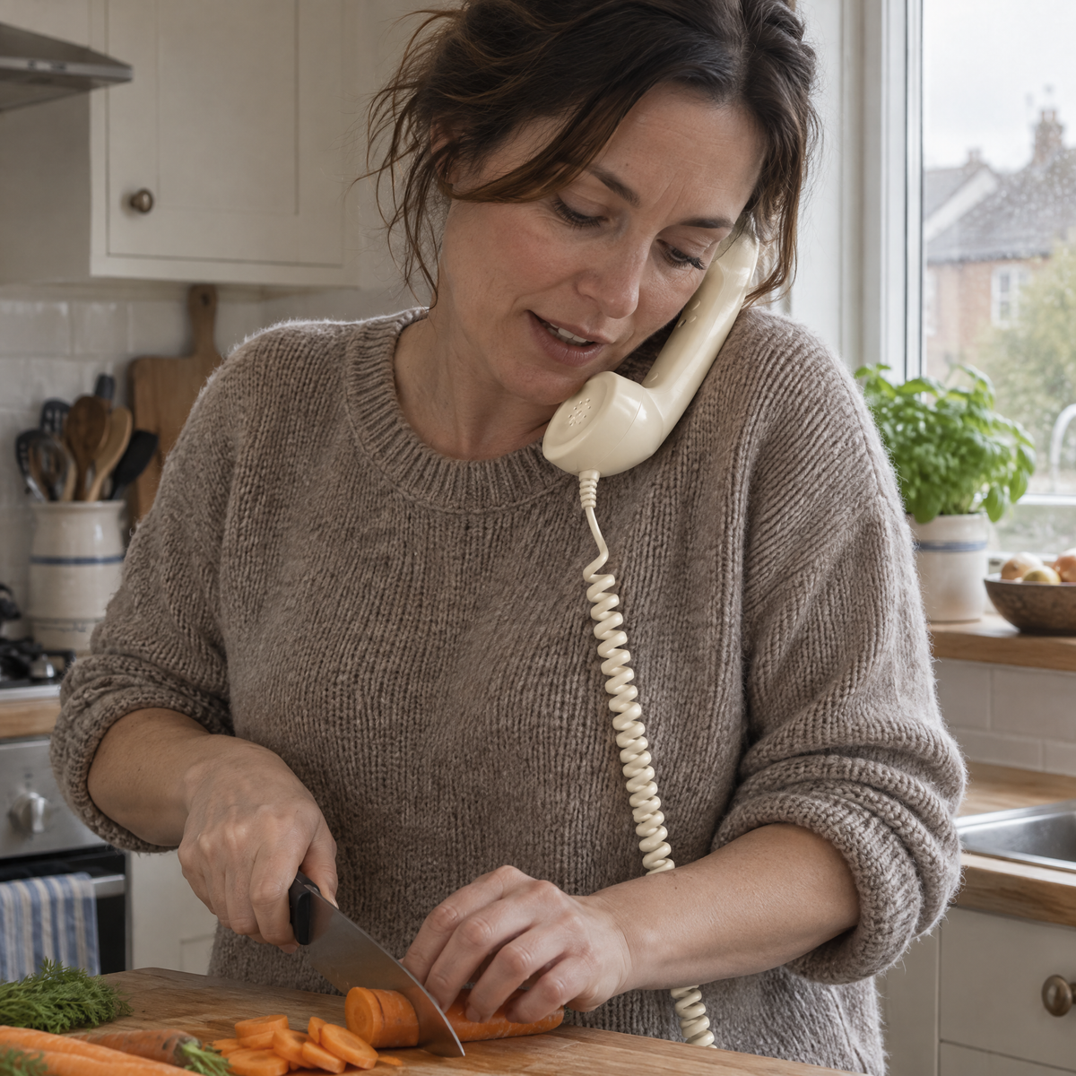 Cooking with the handset cradled on a shoulder