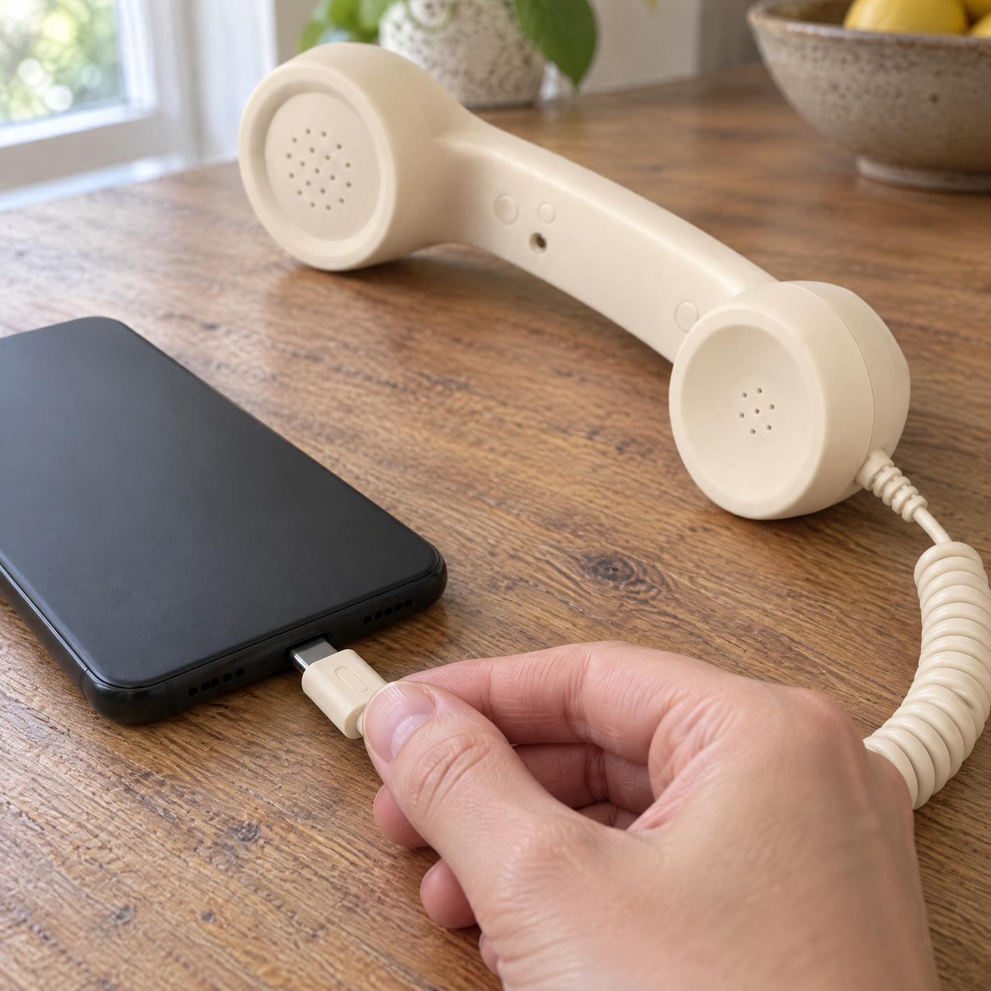 Plugging the handset's cord into a phone