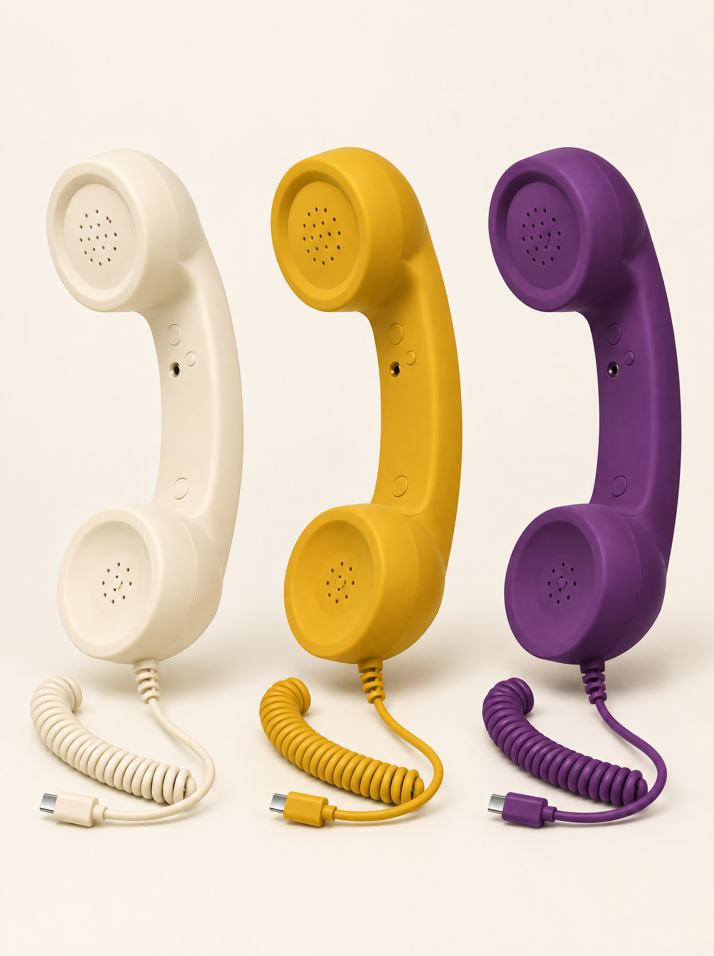 Hullo handsets in ivory, topaz yellow and aubergine